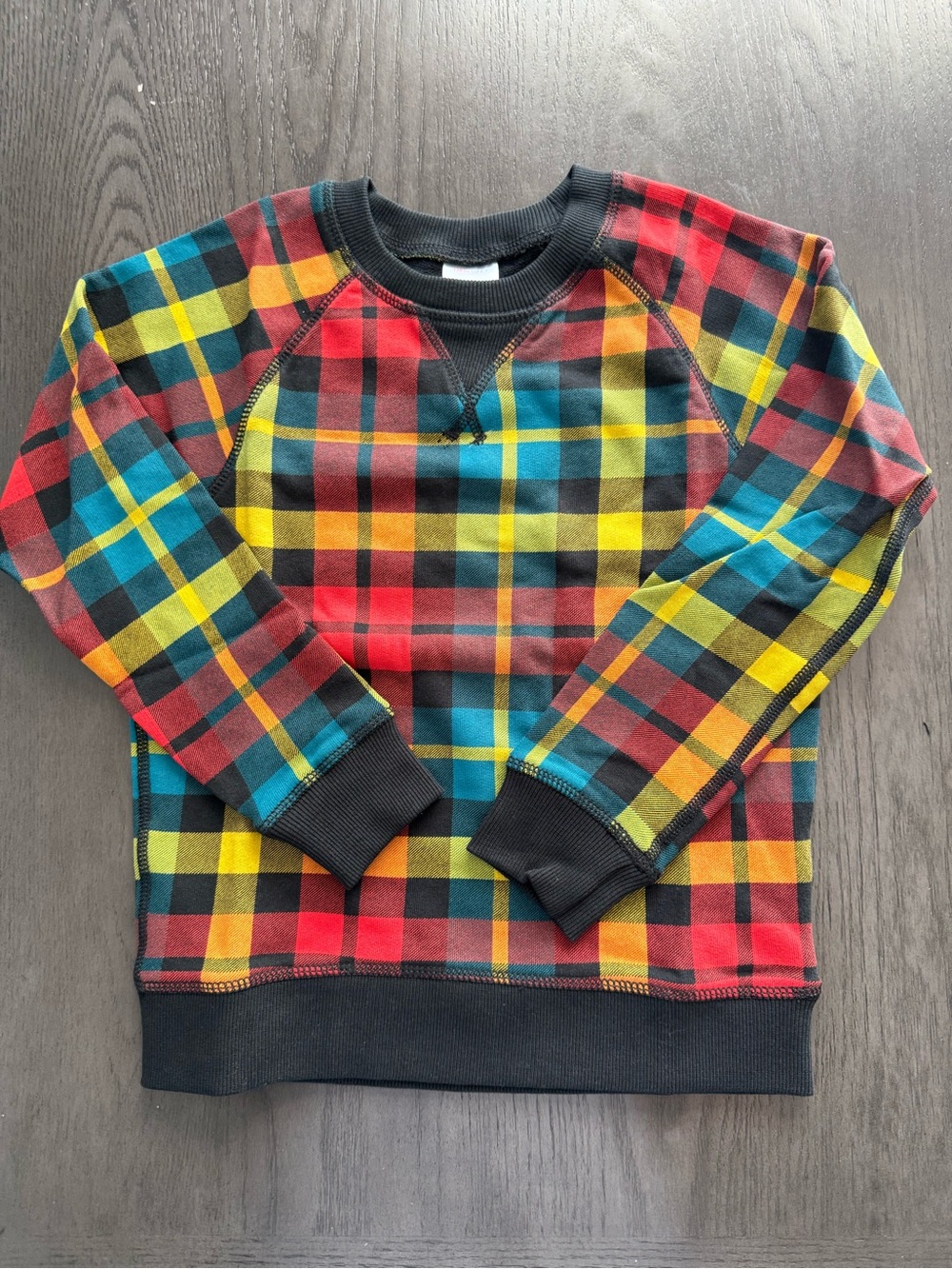Hanna Andersson Kids Rainbow Plaid French Terry Crewneck Sweatshirt 120 6-7